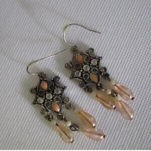 Vintage Silver Rhinestone Peach Drop Dangle Earrings